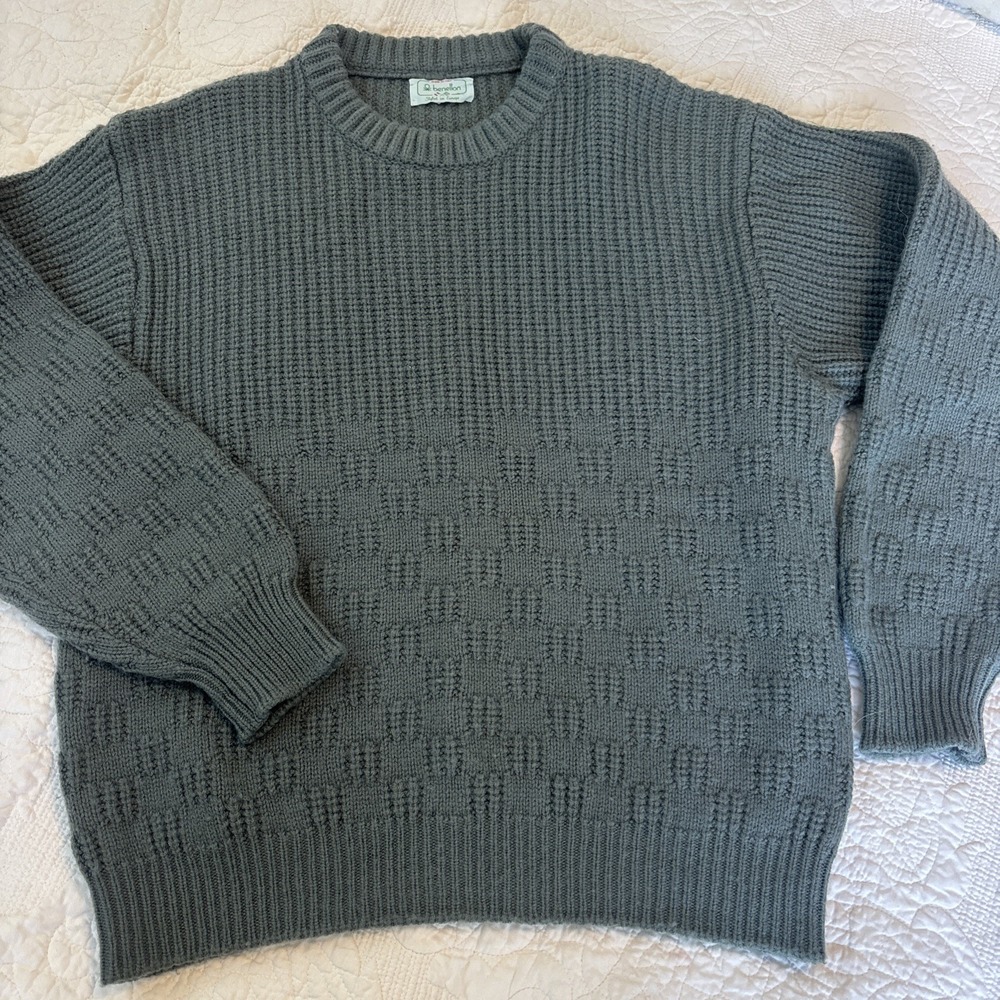VTG Benetton Wool Sweater Made Italy Geometric Grey 1980s /1990s LG See Measure